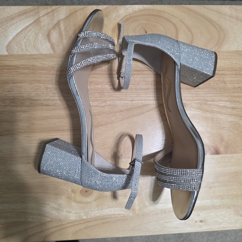 Nina Silver Glitter Block Heel Sandals with Rhinestone Straps